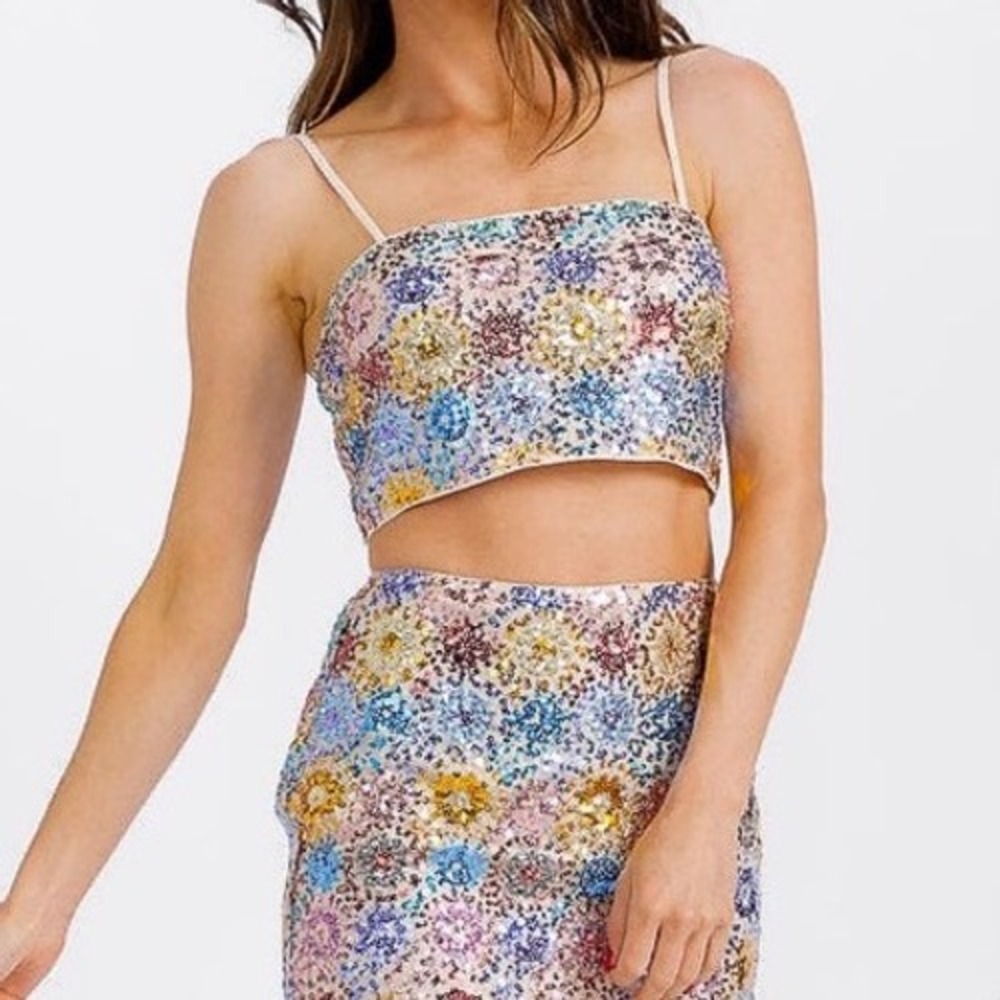 12th Tribe Womens Sequin Floral Crop Top party rave dopamine sparkle festival
